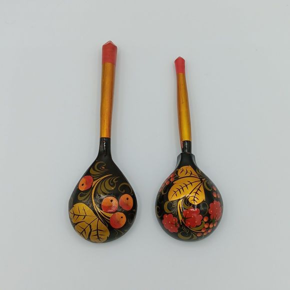 Vintage Khokhloma Russian Wooden Lacquer Hand Painted Spoons - Picture 3 of 7